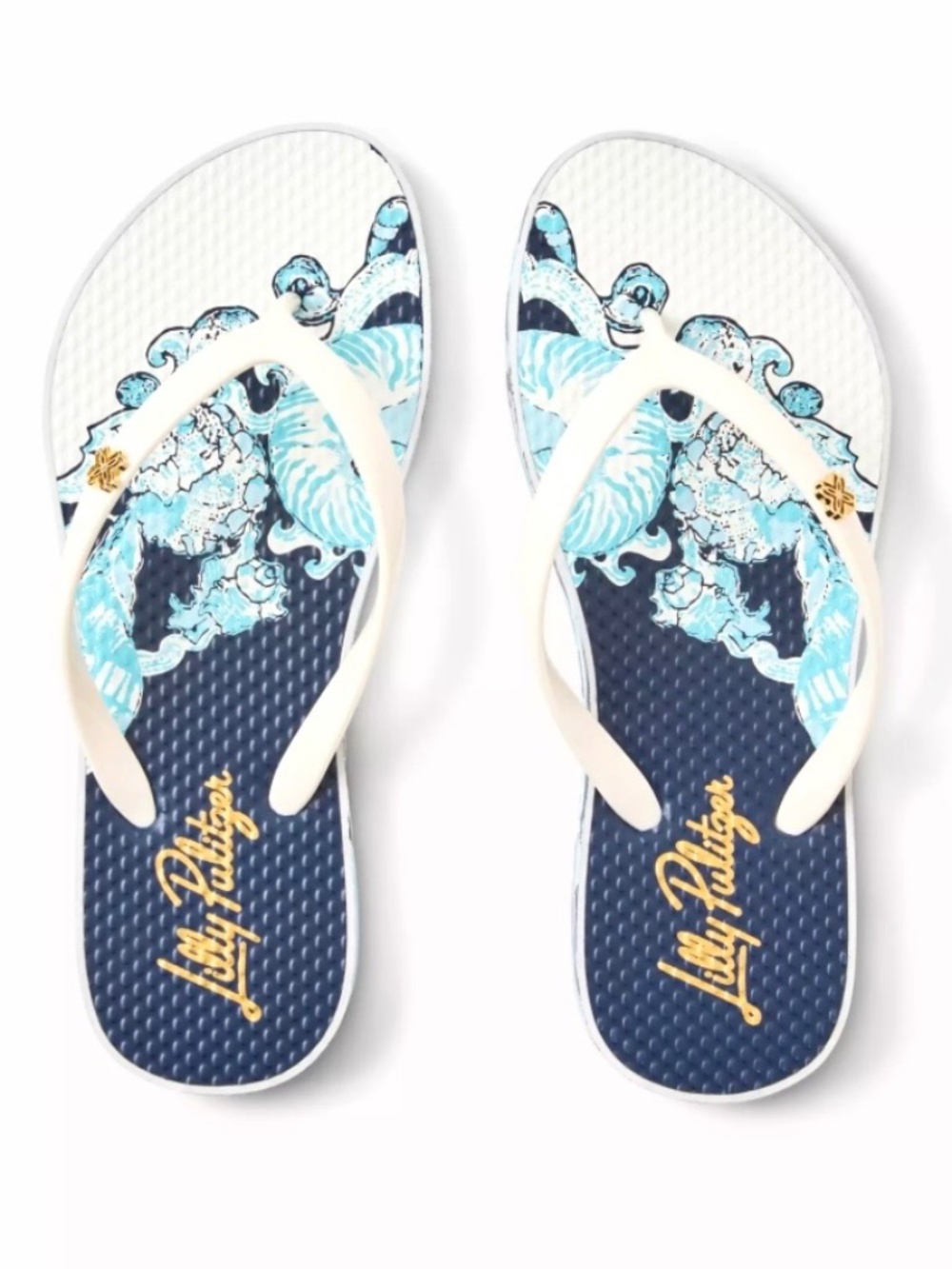 Lilly Pulitzer Pool Flip Flops in Resort White Shell Shine Print Sz: 7/8 - NWT
